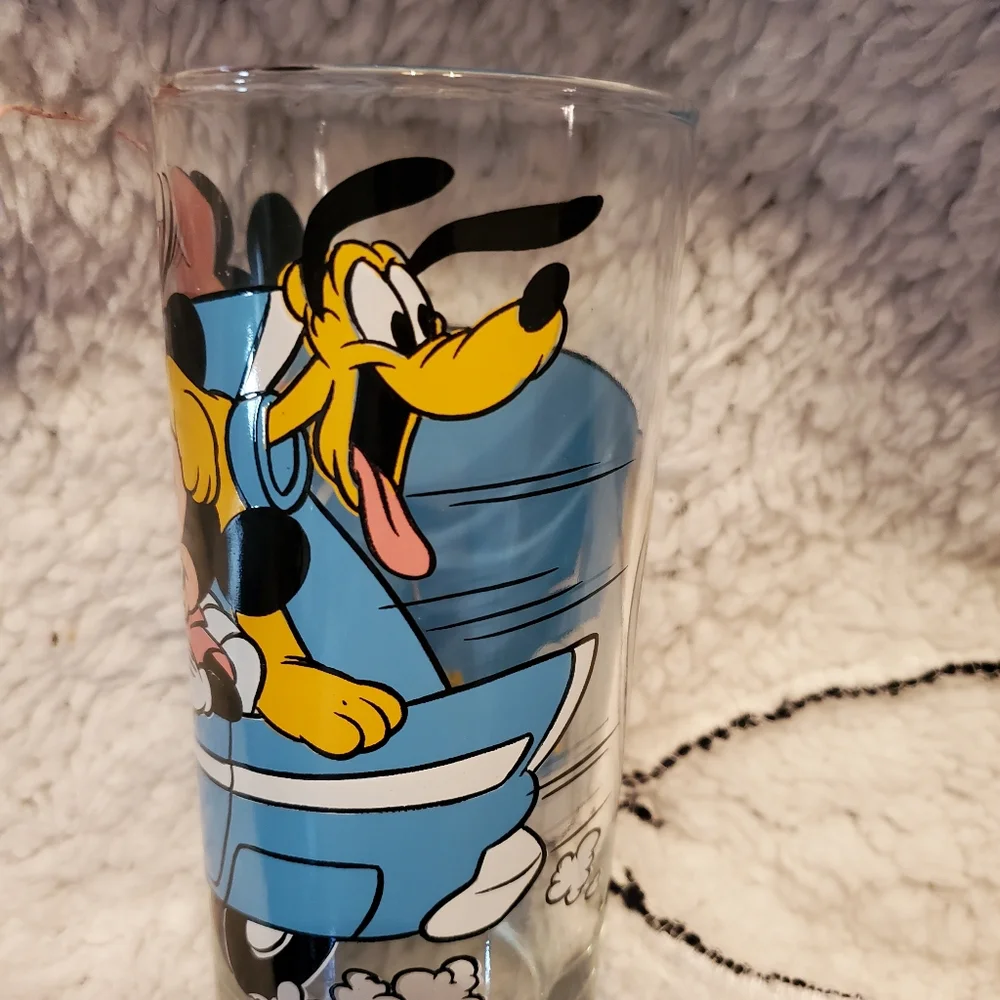 Disney Mickey Mouse Drinking Glass Cup VINTAGE Minnie Pluto Car